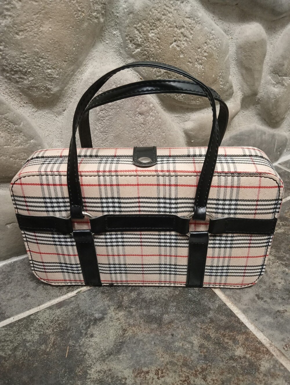 Vintage Plaid Canvas Travel Tote Bag with Black Trim - Men Tote